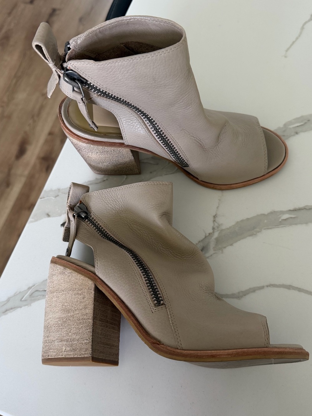 Dolce Vita Taupe Open-Toe Zip Leather Block Heel Boots